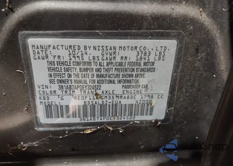 2014 Nissan Sentra S/Sv/Sr/Sl z USA, uszkodzony, nr VIN 3N1AB7AP0EY324522